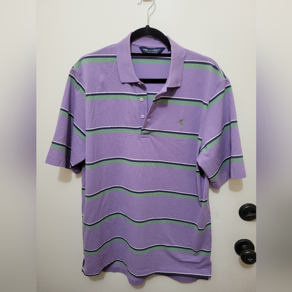 Ralph Lauren Classic Purple and Green Mens Golf Striped Polo Shirt Size MEDIUM